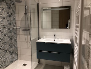 Regadera, secadora de cabello, toallas, papel de baño 