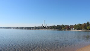A calm lake with a clear sky, a sandy beach, and a row of trees along the shore.
