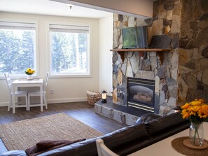 Smart-TV, Kamin, DVD-Player, Bücher