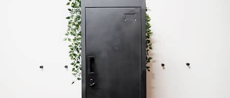 Une armoire métallique noire, avec une petite plante posée sur le dessus.