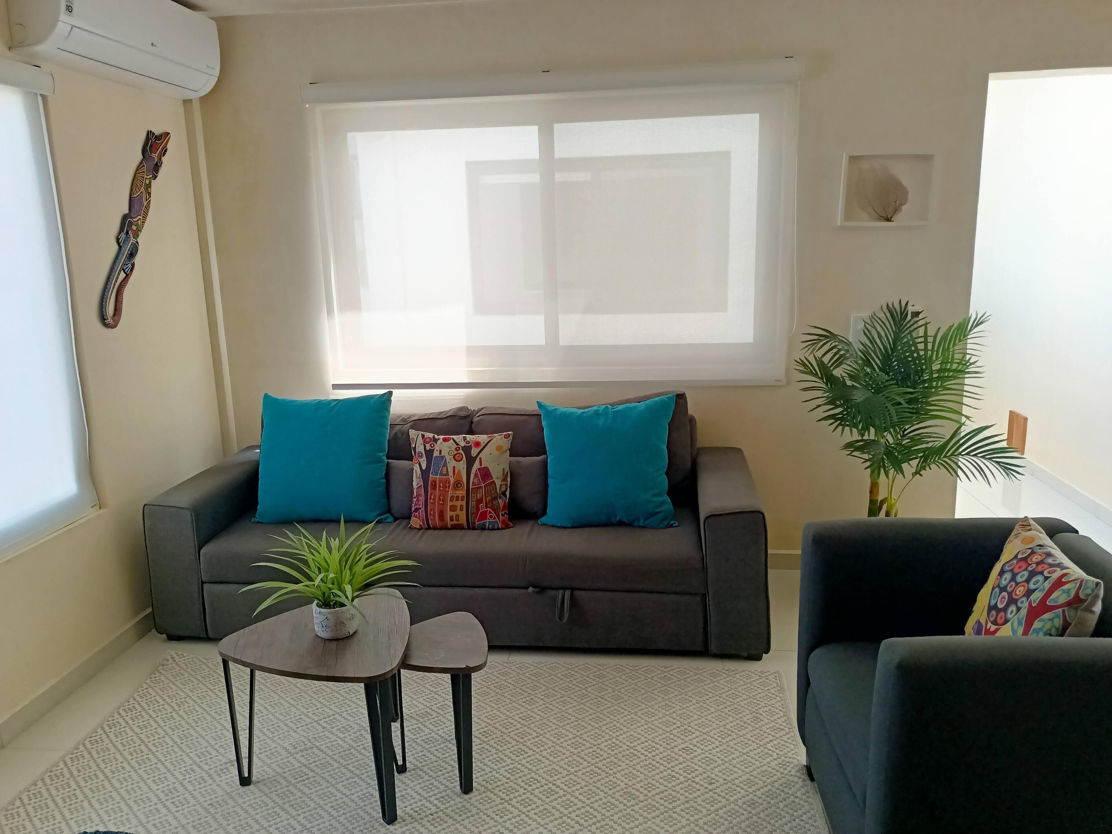 A living room with a grey sofa, two teal cushions, a small table with a plant, and a potted plant beside the sofa.