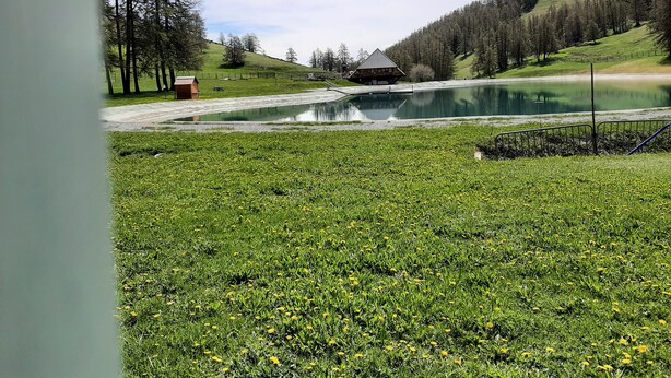Un entorno tranquilo junto al lago, con una cabaña de madera, un primer plano con césped y una ladera boscosa.
