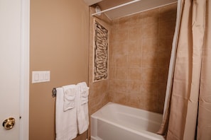 Combined shower/tub, hair dryer, towels, soap