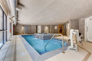 An indoor swimming pool with a hot tub, a changing room, and a sauna. - Lake Dillon! Ampitheatre, Walk to Lake,Pool&HT (Dillon)