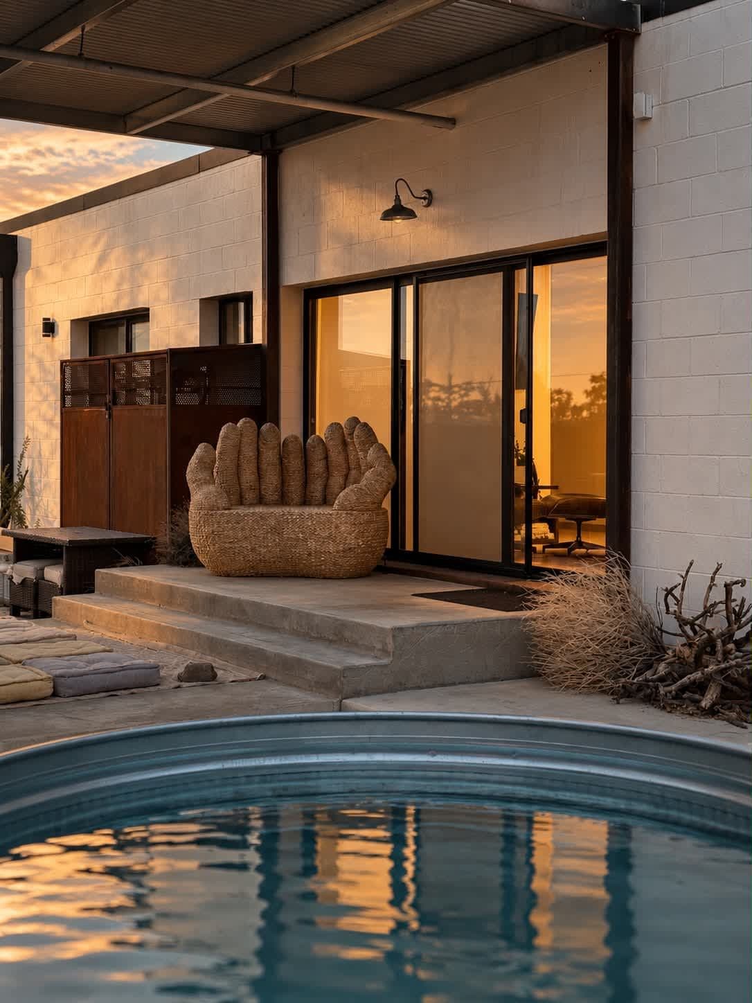 A modern outdoor pool area with a concrete deck, a large woven chair, and a glass door leading to an interior space.
