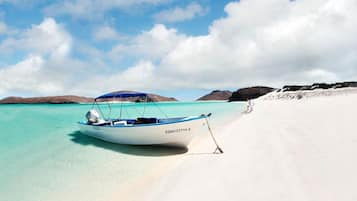On the beach, sun-loungers, beach towels