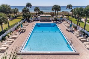 Une piscine rectangulaire dotée d’une terrasse, entourée de chaises longues et de palmiers, et offrant une vue sur l’océan.