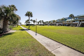 A hotel courtyard with a paved walkway, palm trees, and a building with a green roof.