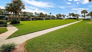 A hotel courtyard with a well-maintained lawn, palm trees, and a clear sky.