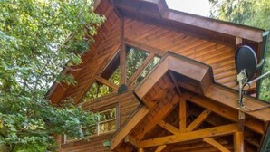 Una cabaña de troncos con un porche de madera, una escalera que lleva a la entrada y vistas de los árboles circundantes.