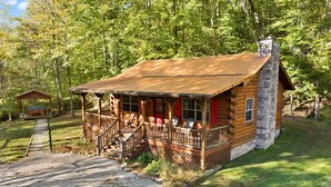 A rustic log cabin with a porch, a chimney, and a small shed in a wooded area.