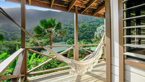 A hammock on a wooden deck with a view of lush greenery and mountains. - Casa Grande Mountain Retreat - Adults Only (Utuado)