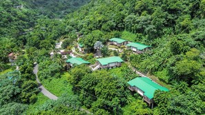 Un resort con varias construcciones rodeado de un bosque denso, con estructuras de techo verde y un camino serpenteante.