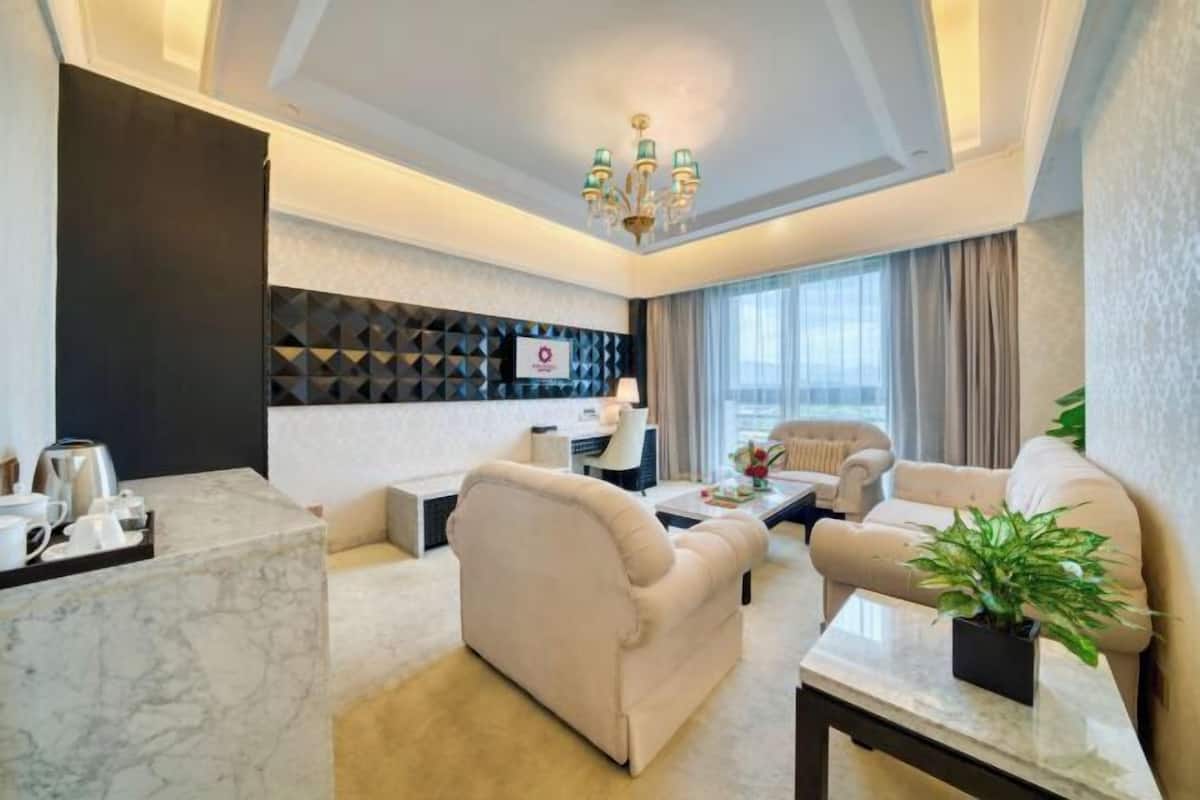 A modern living room with a sofa, armchairs, a coffee table, and a TV.