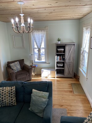 Smart TV, fireplace, DVD player, books