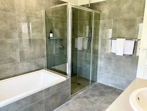 Hair dryer, towels, soap, shampoo