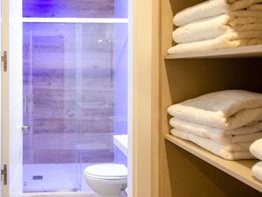 Bathtub, hair dryer, towels