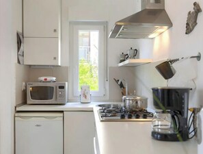 Fridge, microwave, dishwasher, cookware/dishes/utensils