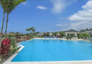 A large, clear swimming pool with lounge chairs and umbrellas, surrounded by palm trees and a clear sky.
