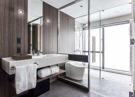 A modern bathroom with a large mirror, a wooden vanity, a glass shower enclosure, and a toilet.