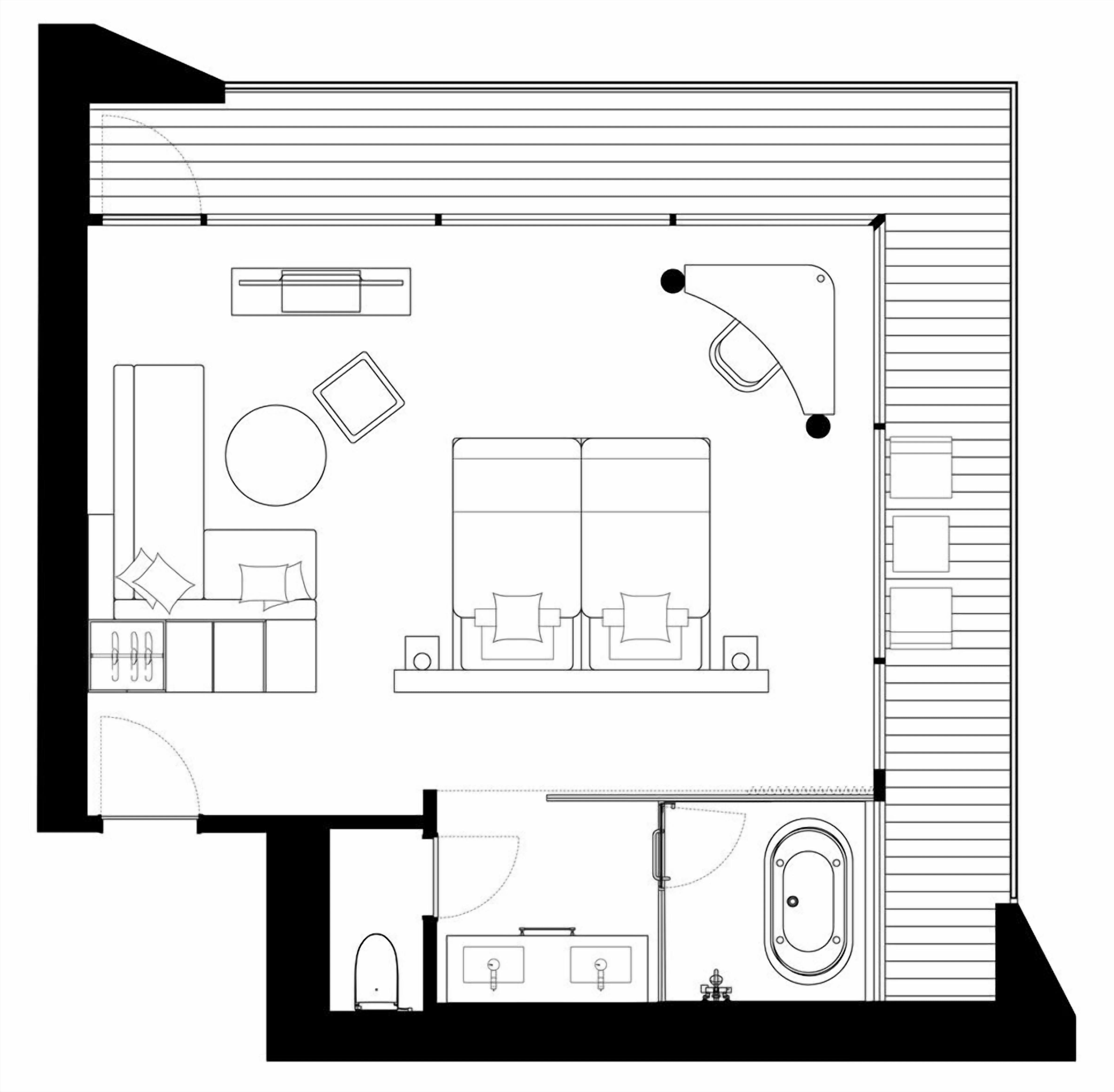 A floor plan of a hotel room with a bed, a desk, a chair, a small table, a sofa, a TV, a bathroom with a bathtub, toilet, sink, and shower.