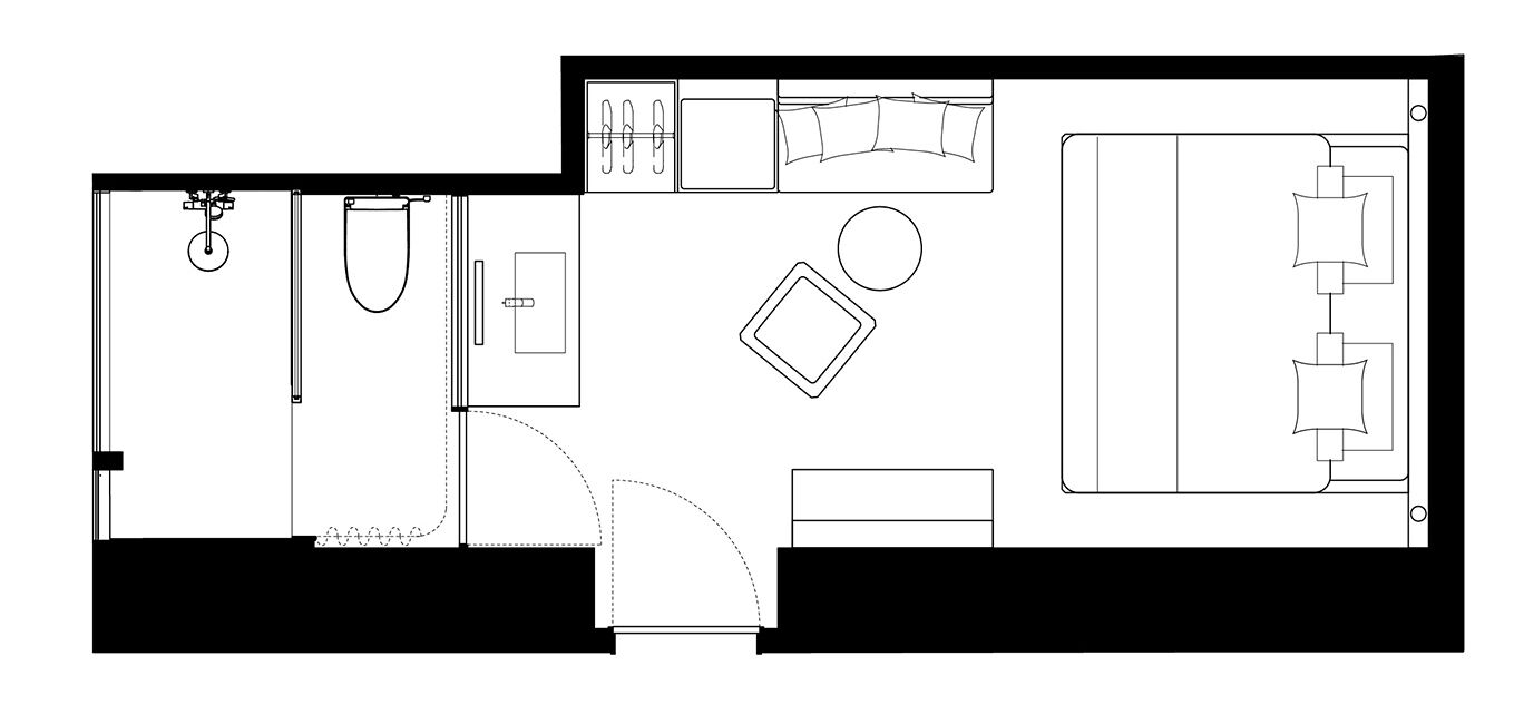 A floor plan with a bathroom, a small kitchen, a dining area, and a bedroom.