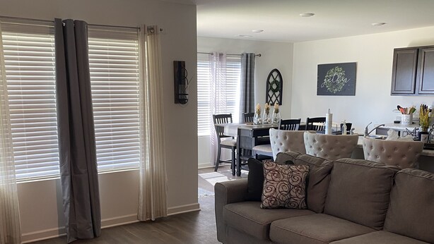 A living room with a sofa, a fluffy rug, and a dining area with a table and chairs.