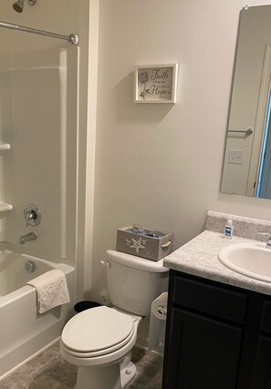 Combined shower/tub, hair dryer, towels, soap