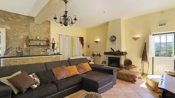 Télévision, cheminée, table de tennis de table