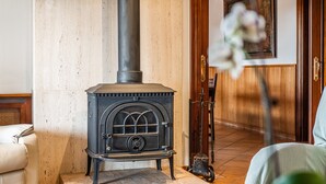 Una habitación con una estufa de leña, una silla y una puerta de madera.