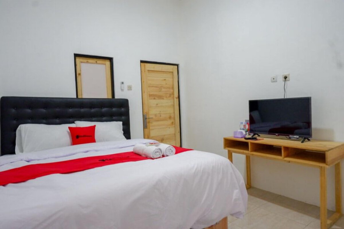 Un dormitorio con una cama, un televisor sobre un mueble de madera y una puerta de madera.