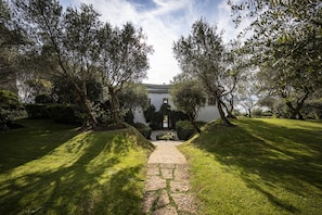 Stroll through the serene garden pathway to a traditional building with a tiled roof, surrounded by lush greenery and mature trees.