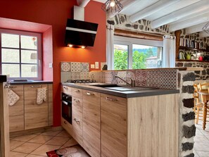 Fridge, microwave, dishwasher - Charming Country Retreat: 3 Ensuite Bedrooms, Terrace, BBQ, Pet-Friendly, Fiber WiFi, Near Puy-en-Velay (Séneujols)