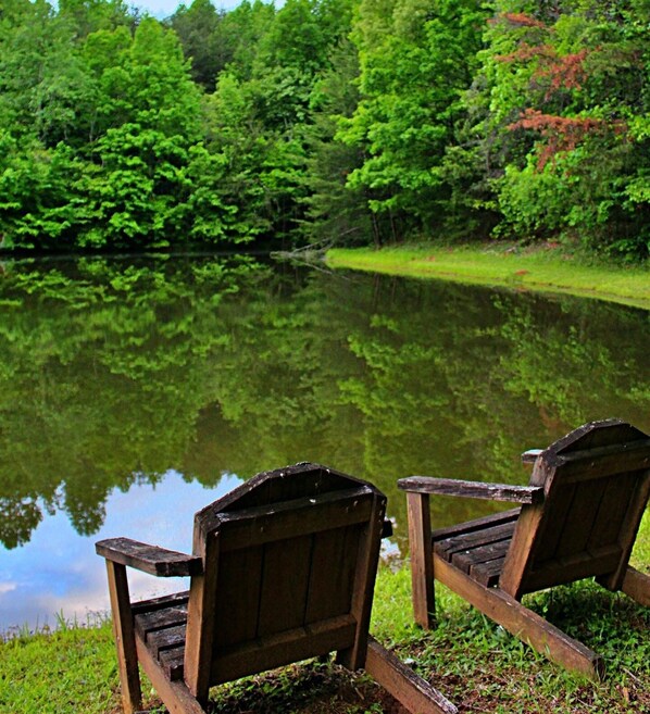 Dos sillas Adirondack de madera mirando un lago tranquilo rodeado de un denso bosque verde.