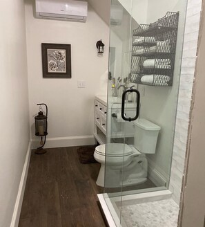 Shower, hair dryer, towels