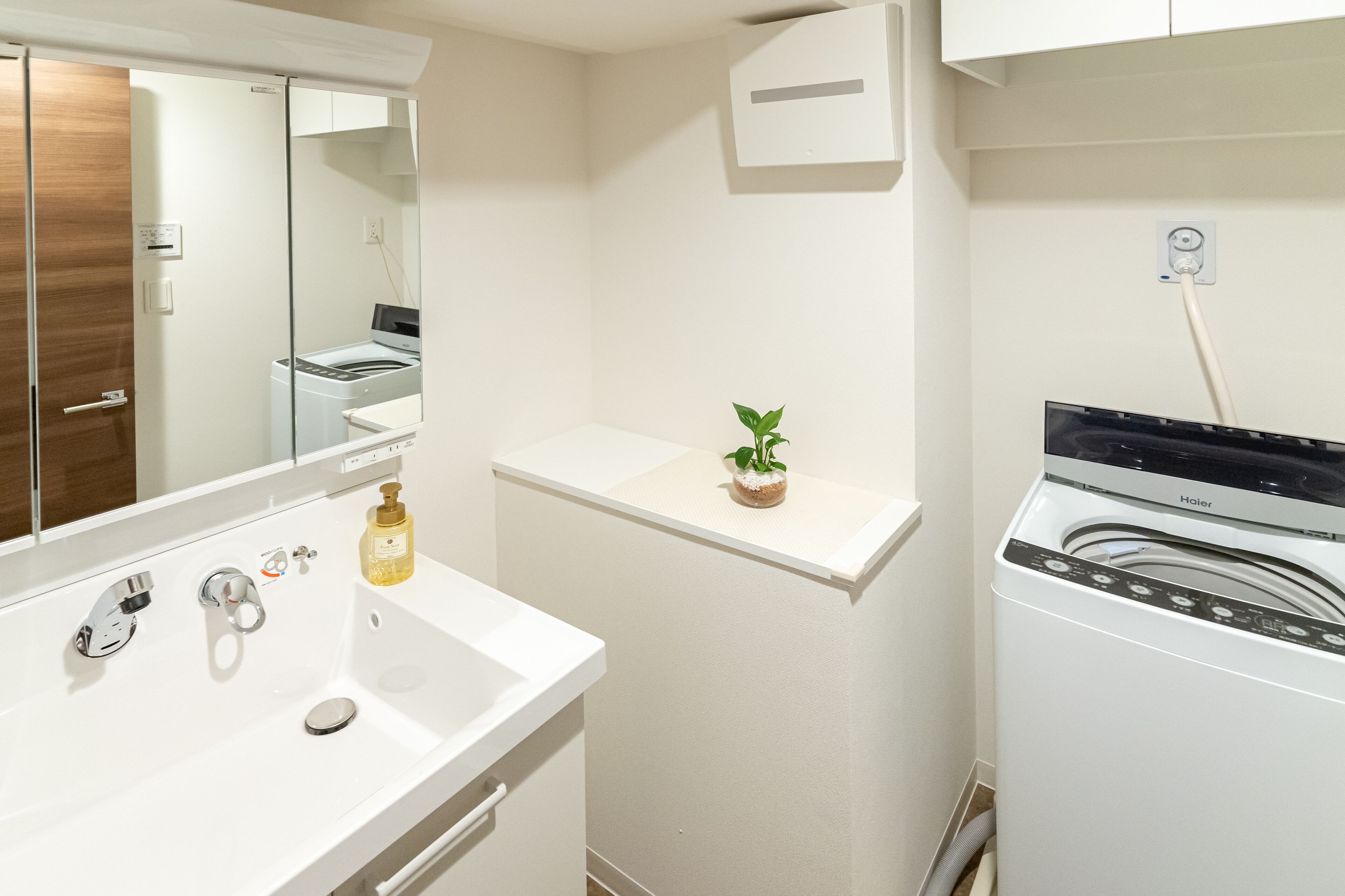 A modern bathroom with a white sink, a mirror, a small potted plant, and a white washing machine.