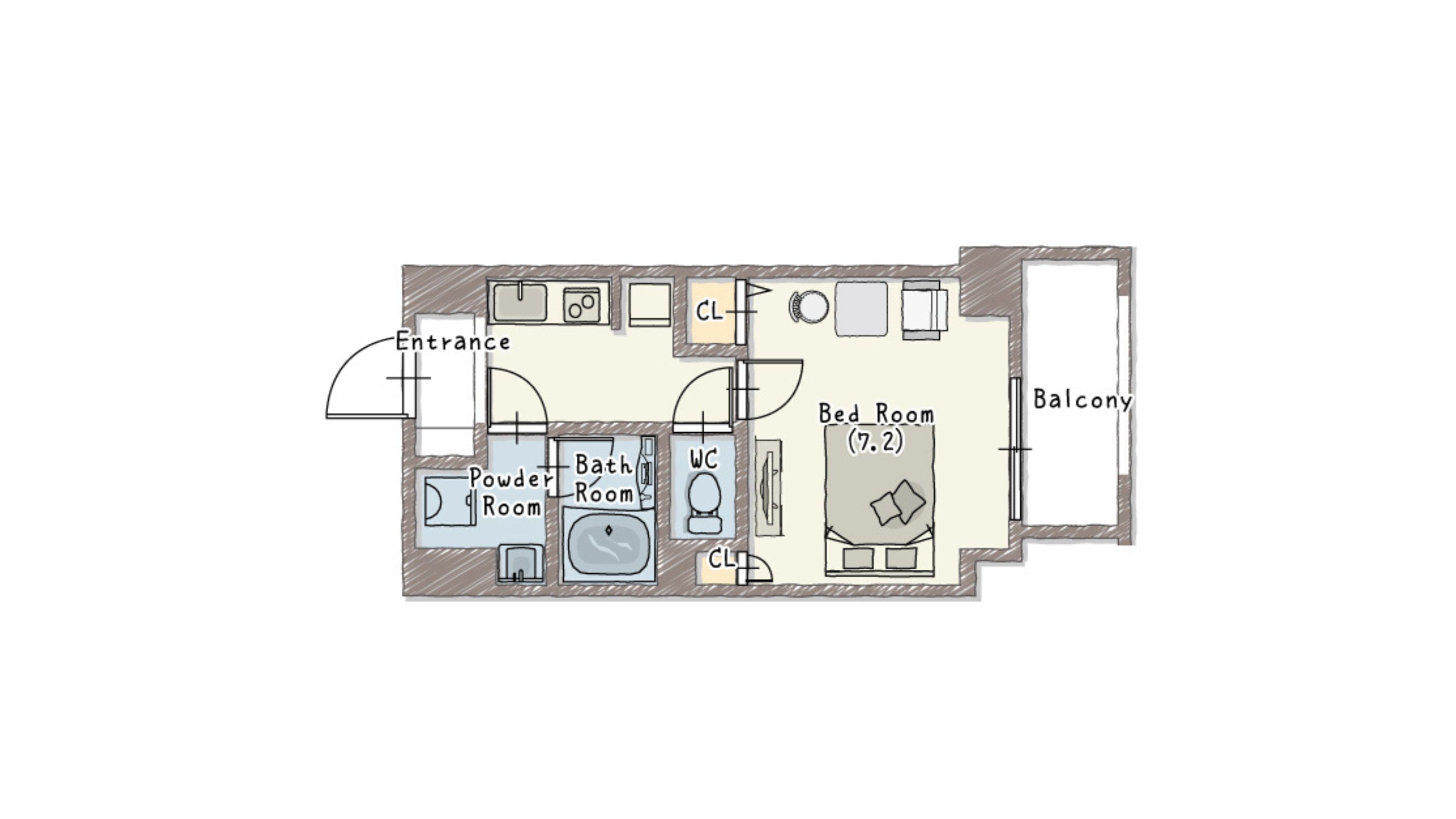 A floor plan of a hotel room with an entrance, powder room, bathroom, WC, bed room, and balcony.