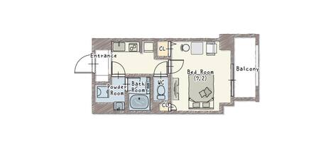 En plantegning af et hotelværelse med indgang, toiletrum, badeværelse, toilet og soveværelse samt balkon.
