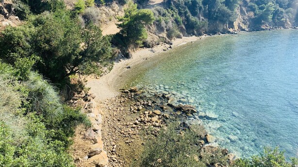 A coastal landscape with clear waters, rocky shoreline, and dense vegetation.