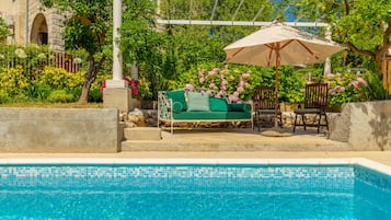 Seasonal outdoor pool, pool umbrellas, pool loungers