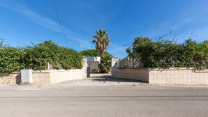 Une entrée fermée par un portail, agrémentée d’un palmier et de verdure, mène à un bâtiment à la façade blanche et à la porte verte.