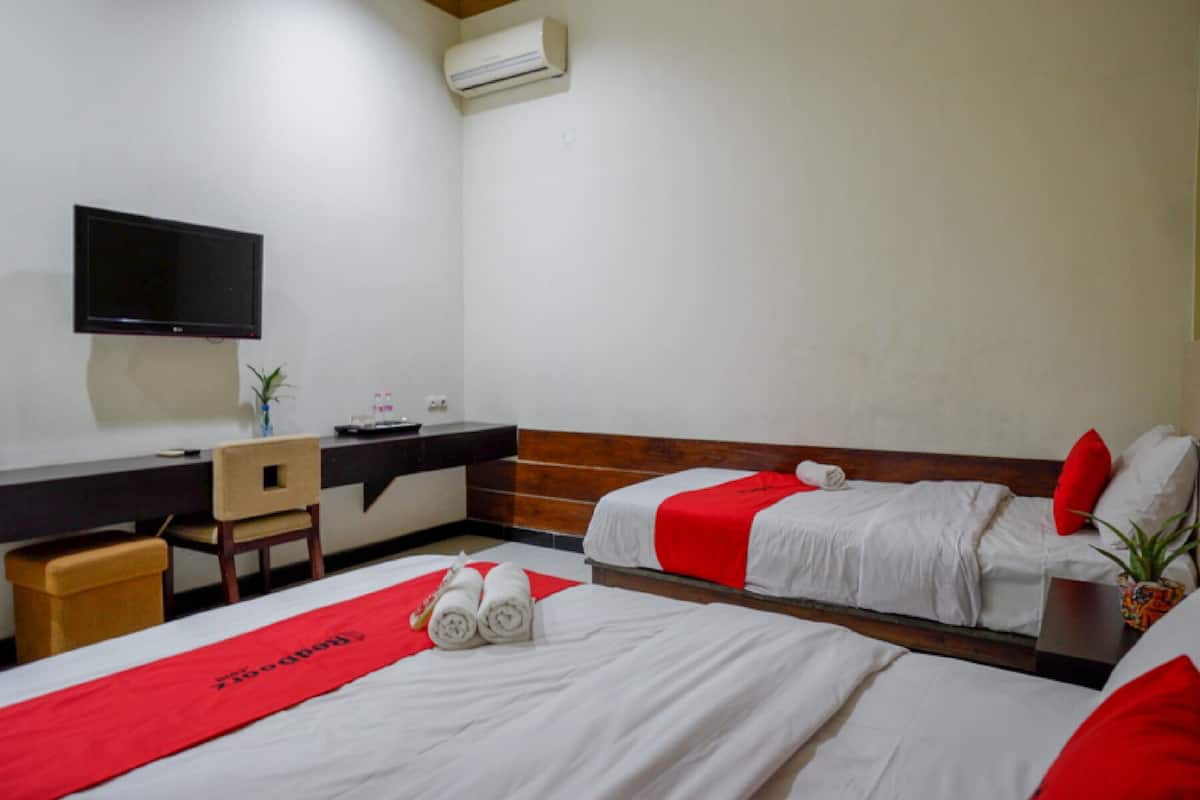 A hotel room with two beds, a desk, a chair, a TV, and a plant.