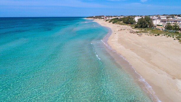 Una playa costera con aguas turquesas cristalinas y una orilla de arena.