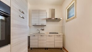 Une cuisine compacte dotée d’un four encastré, d’une cuisinière à gaz et d’une hotte en acier inoxydable.
