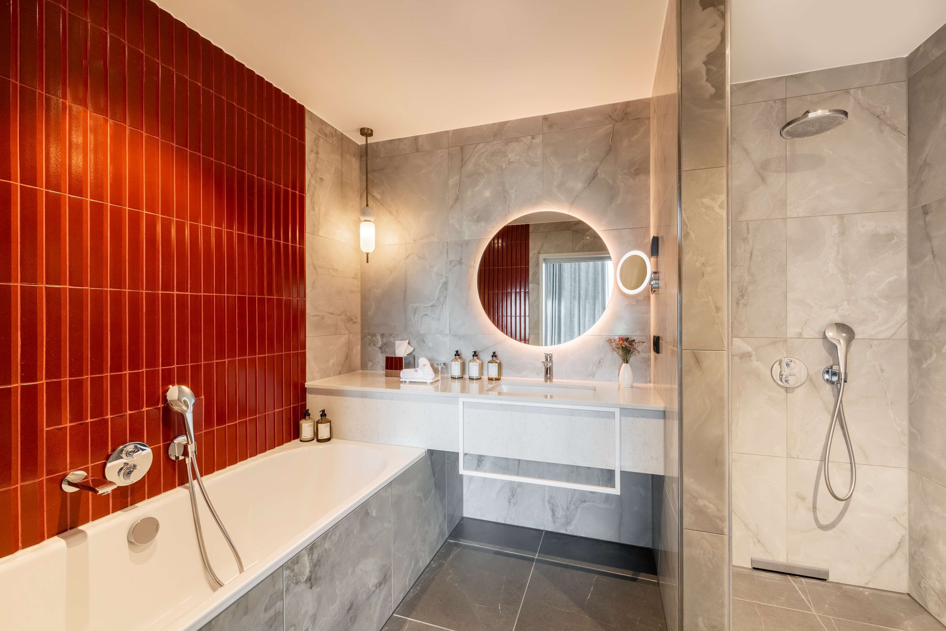 Shower, rainfall showerhead, eco-friendly toiletries, hair dryer