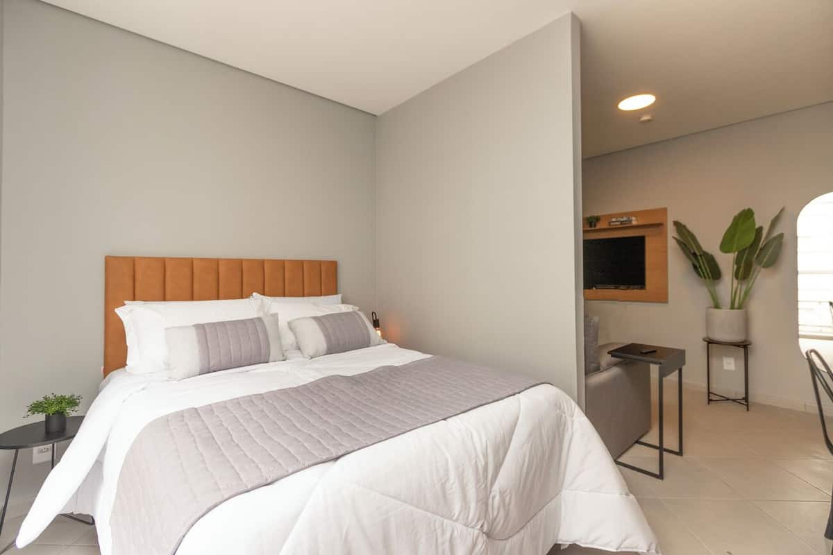 Une chambre à coucher moderne avec un grand lit, une tête de lit en bois et une petite table de chevet agrémentée d’une plante.