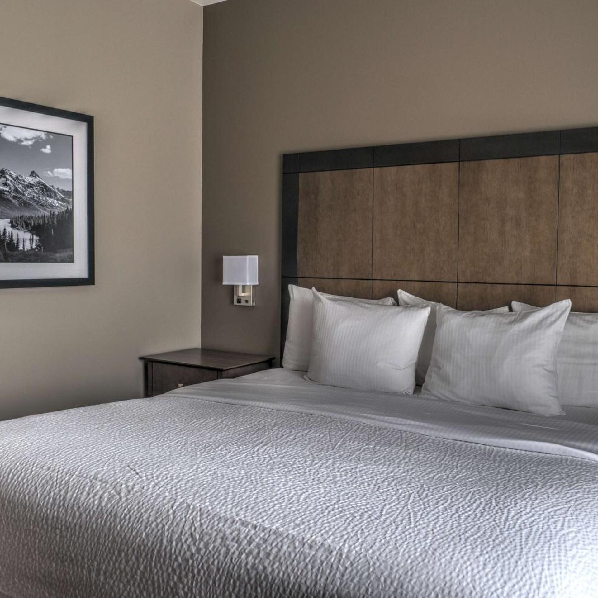 Habitación de hotel con una cama grande, una mesita de noche, una lámpara fijada a la pared y un cuadro con paisaje de montaña.