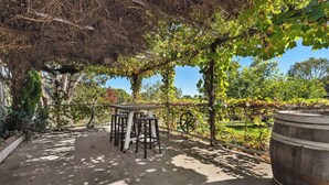 A covered outdoor seating area with a table and stools, surrounded by a vineyard. - Bendalong | Rural Retreat, Short Drive to CBD (Nashdale)