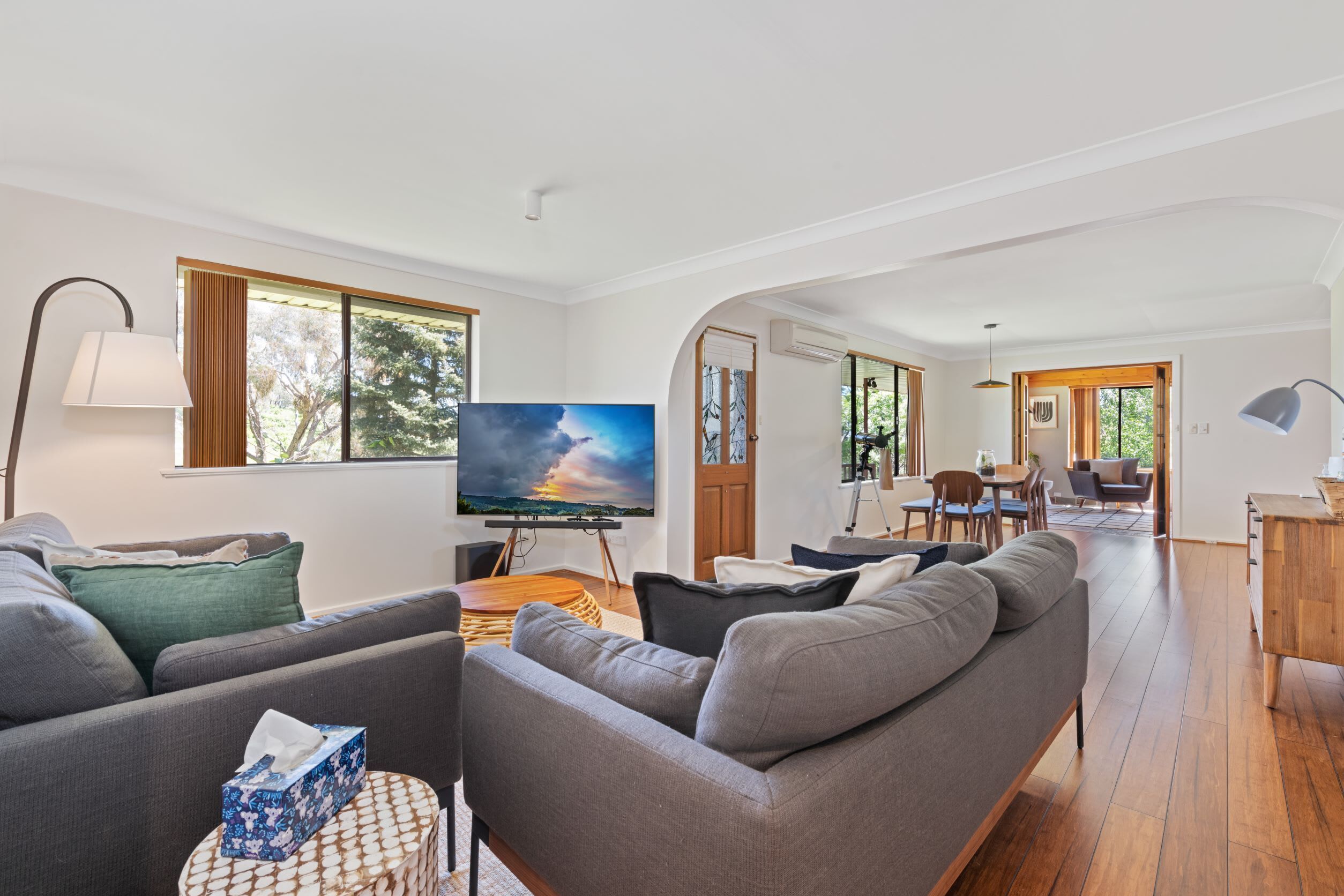 Televisión, chimenea, libros y estéreo 