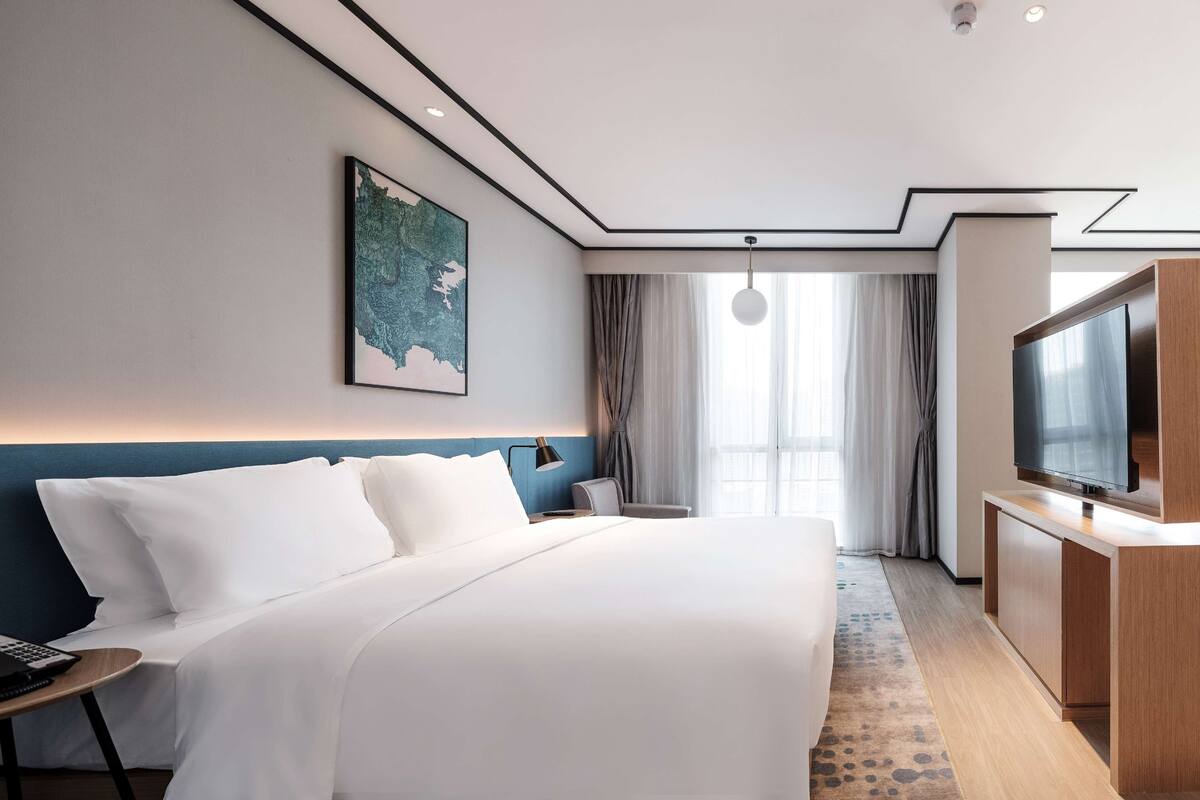 Habitació d'hotel moderna amb un llit gran, un escriptori amb televisió de pantalla plana, un quadre a la paret i vista a l'exterior per la finestra.